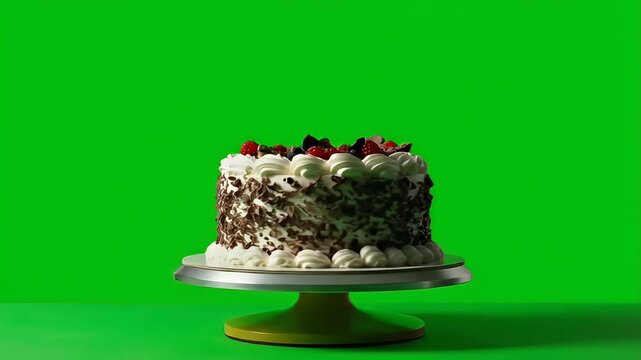 Delicious layered cake with chocolate and frosting on green screen