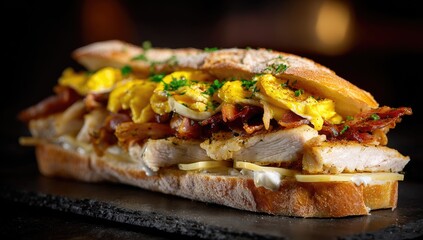 Hearty sandwich with chicken, bacon, eggs, cheese, and herbs