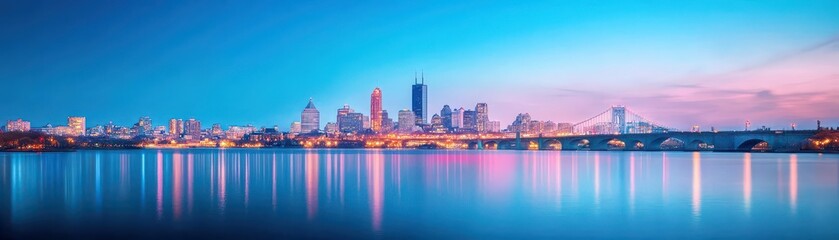 Fototapeta premium Vibrant City Skyline at Sunset with Illuminated Buildings Reflecting on Calm Water Sky Colors Transitioning from Pink to Blue Evening Scene