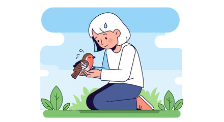 A young woman kneels in a grassy field, gently holding an injured robin in her hands, looking at it with concern.