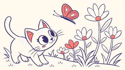 Obraz premium Whimsical cat and butterfly garden scene.