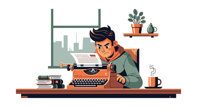 Cartoon illustration of a man intently typing on a vintage typewriter at a desk near a window, with books and coffee nearby. - Powered by Adobe