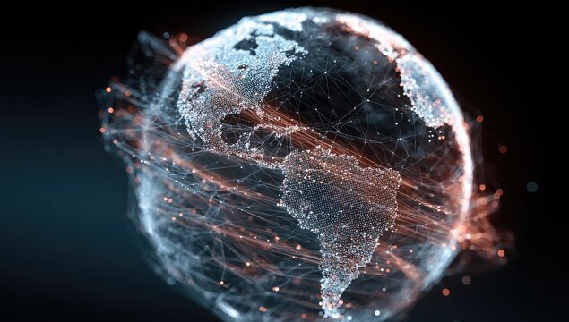 Digital globe with connecting lines, representing global networks, data flow, and technology - Powered by Adobe