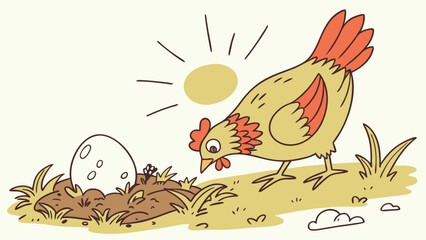 Naklejka premium A cartoon chicken standing next to an egg.