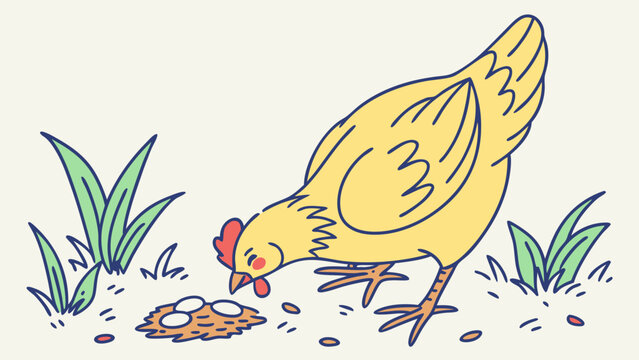 A yellow cartoon chicken eating feed.