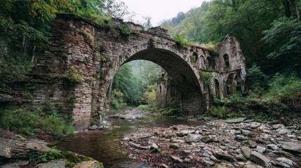 Ruined stone bridge in lush forest
