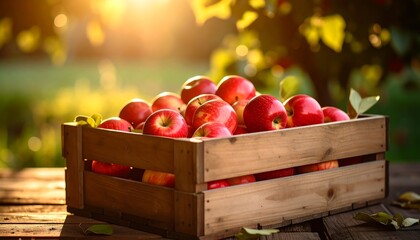 Red apples in wooden crate with orchard sunset.
