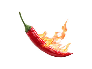 A single red chili pepper with a fiery flame emerging from its tip
