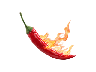 A single red chili pepper with a fiery flame emerging from its tip