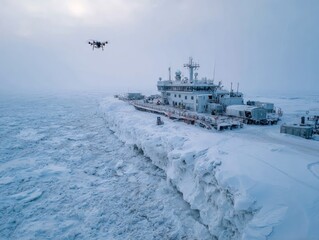 Drone over a ship navigating icy waters, snow-covered and cloudy environment