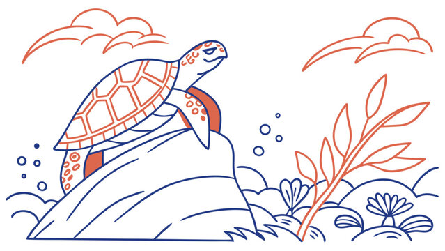 Simple line art illustration of a sea turtle on a rock.
