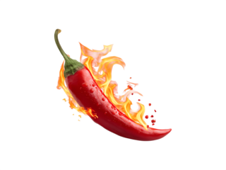 A single red chili pepper with a fiery flame emerging from its tip
