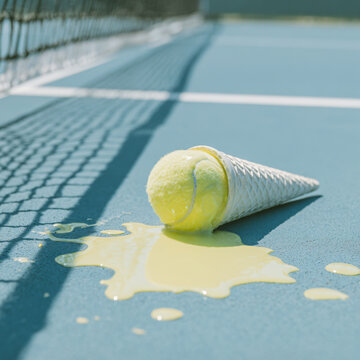 Tennis Ball Ice Cream Cone Spill Court Sports Outdoor Summer Fun Yellow Sweet Recreation Sunshine Lifestyle Refreshment Joyful Playful Exercise Healthy Childhood Mischief Dessert Spilled