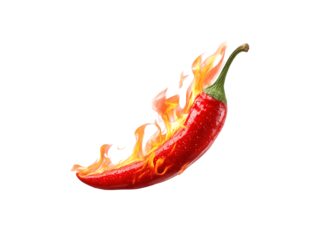 A single red chili pepper with a fiery flame emerging from its tip