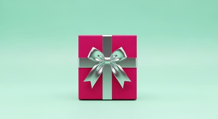 Pink Gift Box with Silver Bow on Mint Background