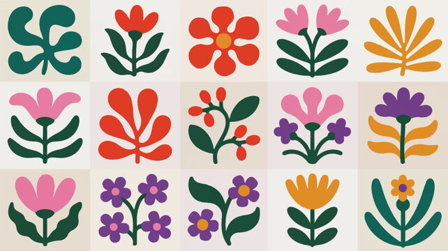 Fototapeta Collection of colorful abstract floral illustrations in a grid flower