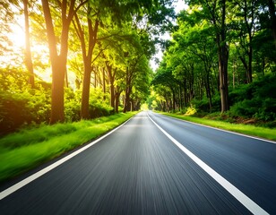 Fototapeta premium Sunlit Road Through Lush Green Forest.