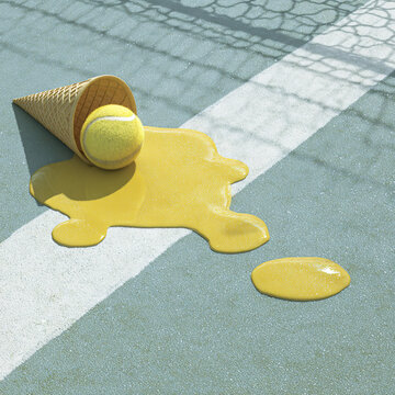 Tennis Cone Yellow Ball Icecream Spill Court Recreation Sports Fun Playful Summer Outdoor Snack Dessert Whimsical Texture Illustration Lifestyle Surreal Humorous Food Activity Design Foam Visualart