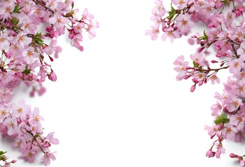 Pink cherry blossoms frame a white background