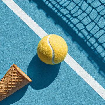 Tennis Ball Ice Cream Cone Fun Activity Outdoor Court Photography Refreshing Summer Leisure Recreation Athletic Snack Play Delights Chill Vibrant Blue Net Colorful Minimalism Yellow Food