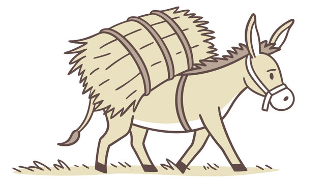 Donkey carrying a heavy load of hay on its back.