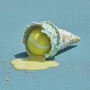 Ice Cream Cone Tennis Ball Melting Yellow Whimsical Summer Dessert Sport Outdoor Blue Ocean Vibrant Sweet Treat Refreshing Fun Visuals Textures Colorful Lifestyle Unique Art Surreal Entertainment
