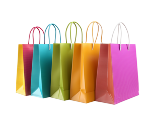 Row of colorful shopping bags with handles