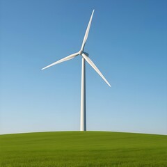Wind turbine on green field with blue sky