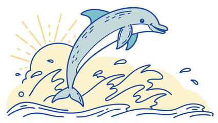 Obraz premium Playful cartoon dolphin leaping from ocean waves with sun. Vector illustration of marine life.