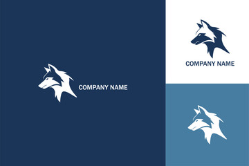 Stylized Wolf Head Logo Design in Blue and White.