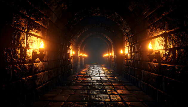 松明に照らされる地下ダンジョンの一人称視点イラスト｜幻想的な洞窟の一本道｜ファンタジー風(First-Person View of an Underground Dungeon Illuminated by Torches | Fantasy Cave Illustration | RPG Style)