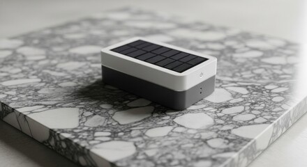 A close up of a small solar panel device on a patterned surface with a power button visible on the side