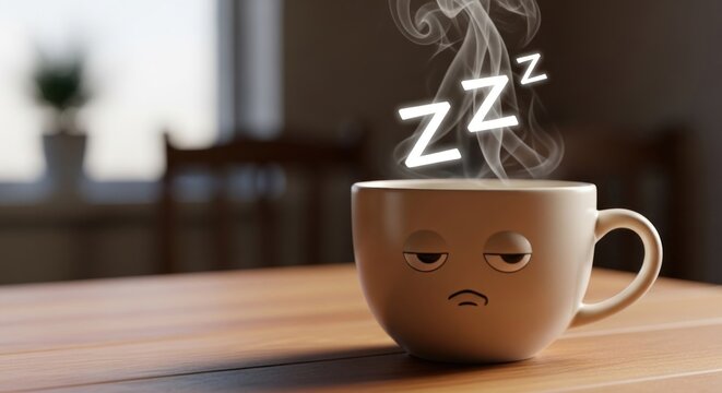 A whimsical, cartoonish, steaming coffee mug with a sleepy face on a wooden table with sunlight in background. Zzz's float from it
