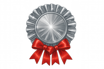 Silver medal with red ribbon shining on a transparent background, symbolizing achievement, victory, award, and recognition