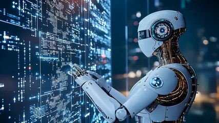 Futuristic robot interacting with digital interface in a vibrant cityscape at night, showcasing technology - Powered by Adobe