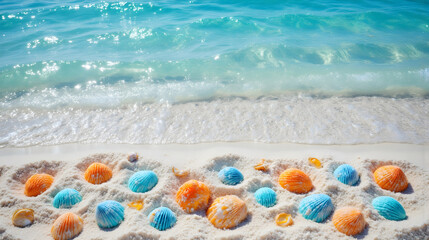 Obraz premium Bunte Muscheln im Sand an tropischer Küste – Harmonisches Wallpaper – Hintergrundbild