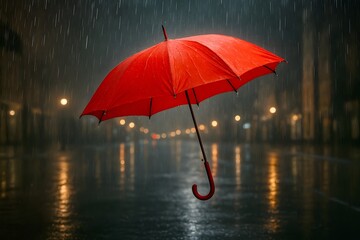 Red Umbrella in Rainy Night Scene with Reflections on Wet Street