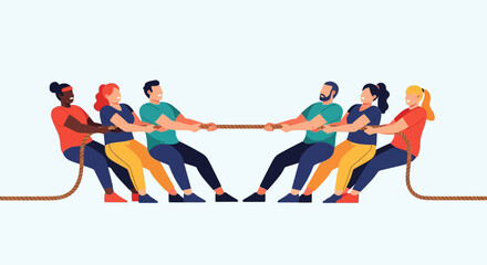 Two teams of diverse people engaged in a tug-of-war, pulling a rope with determination against a white background.