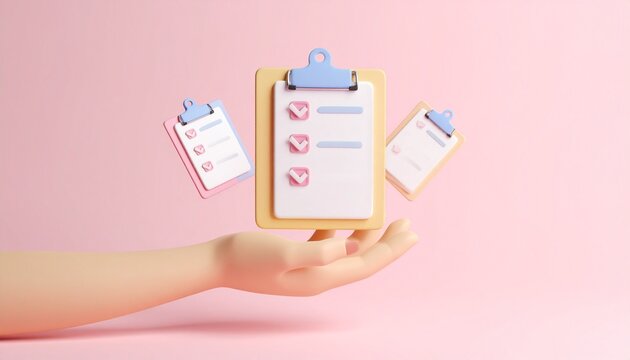 3D clipboard and checkbox icon floating above a hand