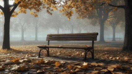 Serene Autumn Dawn: Empty Wooden Bench in Misty Park