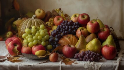 Chiaroscuro Harvest: A Lavish, Painterly Still Life of Autumnal Fruits on a Draped Table