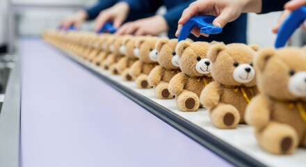 Workers assembling identical plush bears on production line, careful hands organize toys in neat row at manufacturing facility, teamwork ensures quality control