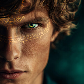 Vibrant Modern Fantasy Portrait Male Curly Hair Dramatic Expression Intense Green Eyes Mysterious Allure Striking Beauty Ethereal Detail Enchanting 