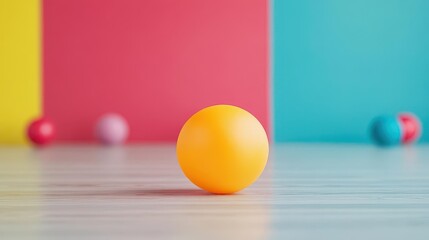Bright yellow ball on a contrasting pastel background with scattered smaller balls, minimalist playful colorful scene, vibrant for creative design use