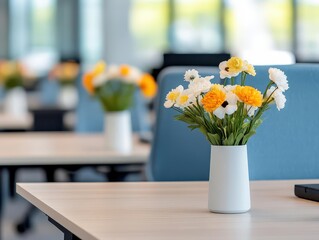 Modern office interior with fresh flower arrangements in white vases on wooden desks, bright and airy workspace with comfortable chairs and large