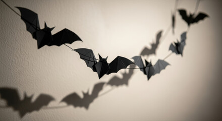 Handcrafted origami bats garland hanging on interior wall creates festive spooky atmosphere for halloween party or seasonal autumn home decoration