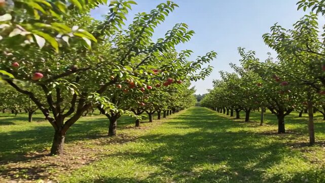 Lush apple orchard with ripe fruit, sunlit rows, and vibrant greenery in summer