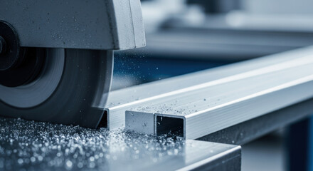Close up of industrial metal cutting process with circular saw slicing aluminum extrusion profile, precise machining and manufacturing in modern factory workshop