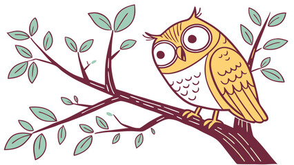 Fototapeta premium A cartoon owl perched on a tree branch with leaves.