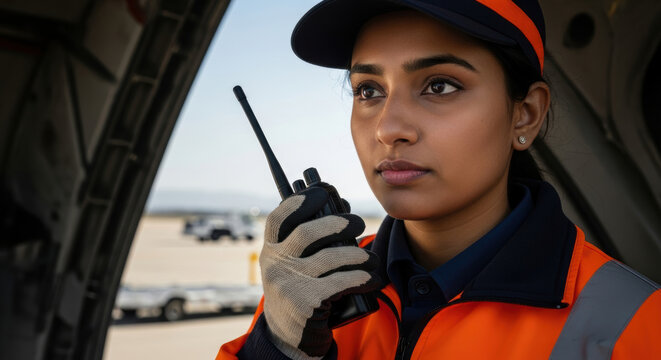 Focused female airport ground crew worker wearing orange safety uniform using radio for communication near aircraft on tarmac confident airport staff ensures safety and smooth operations